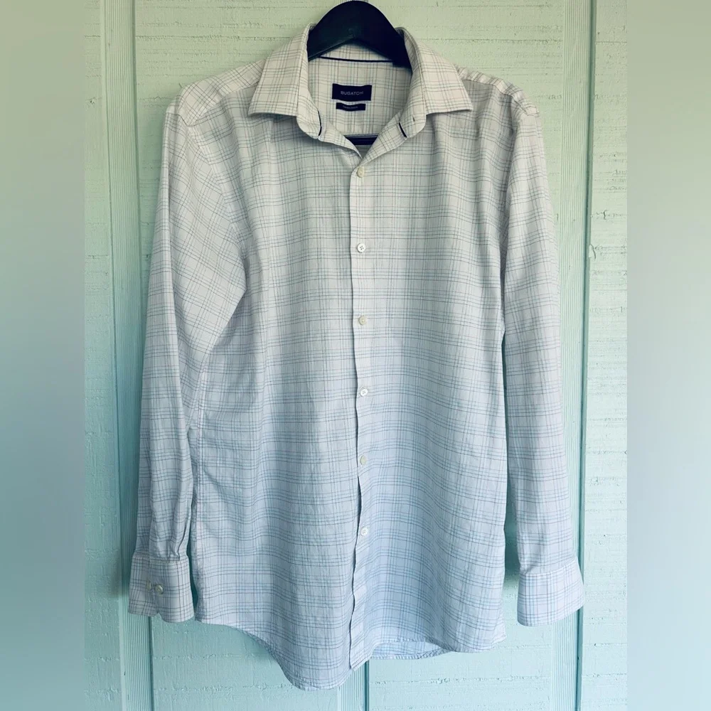 Bugatchi Button-Down Size 17 34/35 White Blue Pink Check Stretch LS (B9-1052)